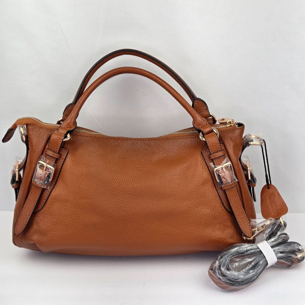 Kattee Soft Pebbled Leather Shoulder Bag w/ X body Strap Brown